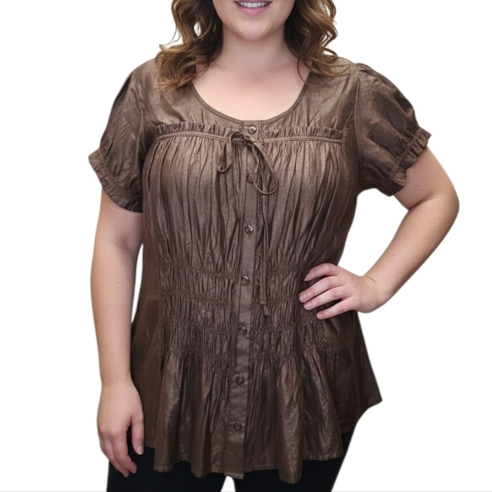 Vintage Y2K Chocolate Brown Blouse - Satin Texture, Smocked Waist, /16W